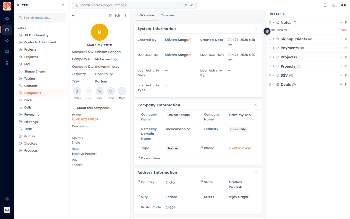 A company’s related records, including linked Deals