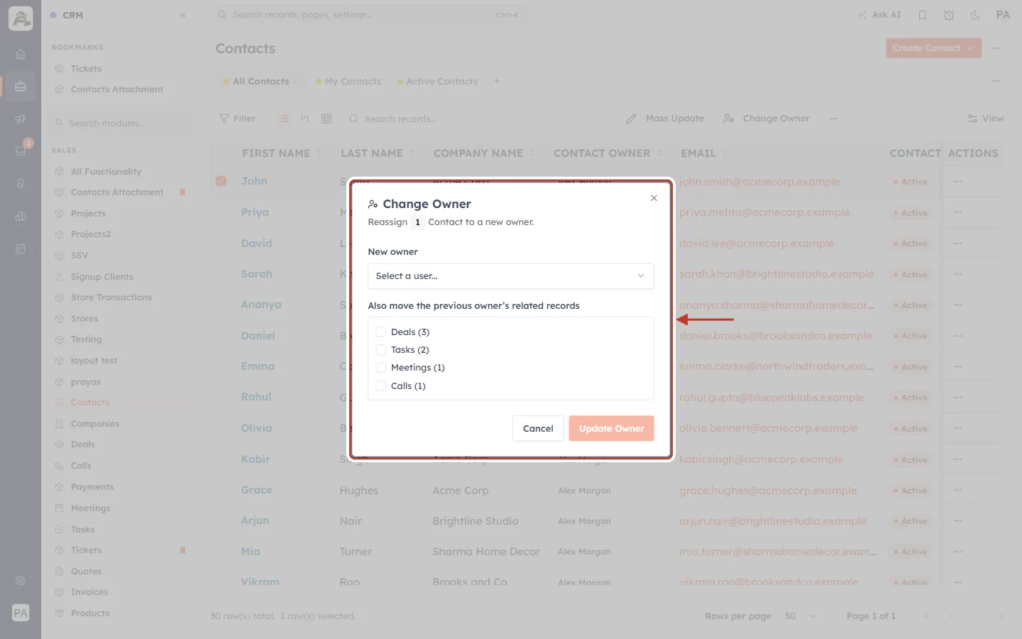 The Change Owner window for one contact