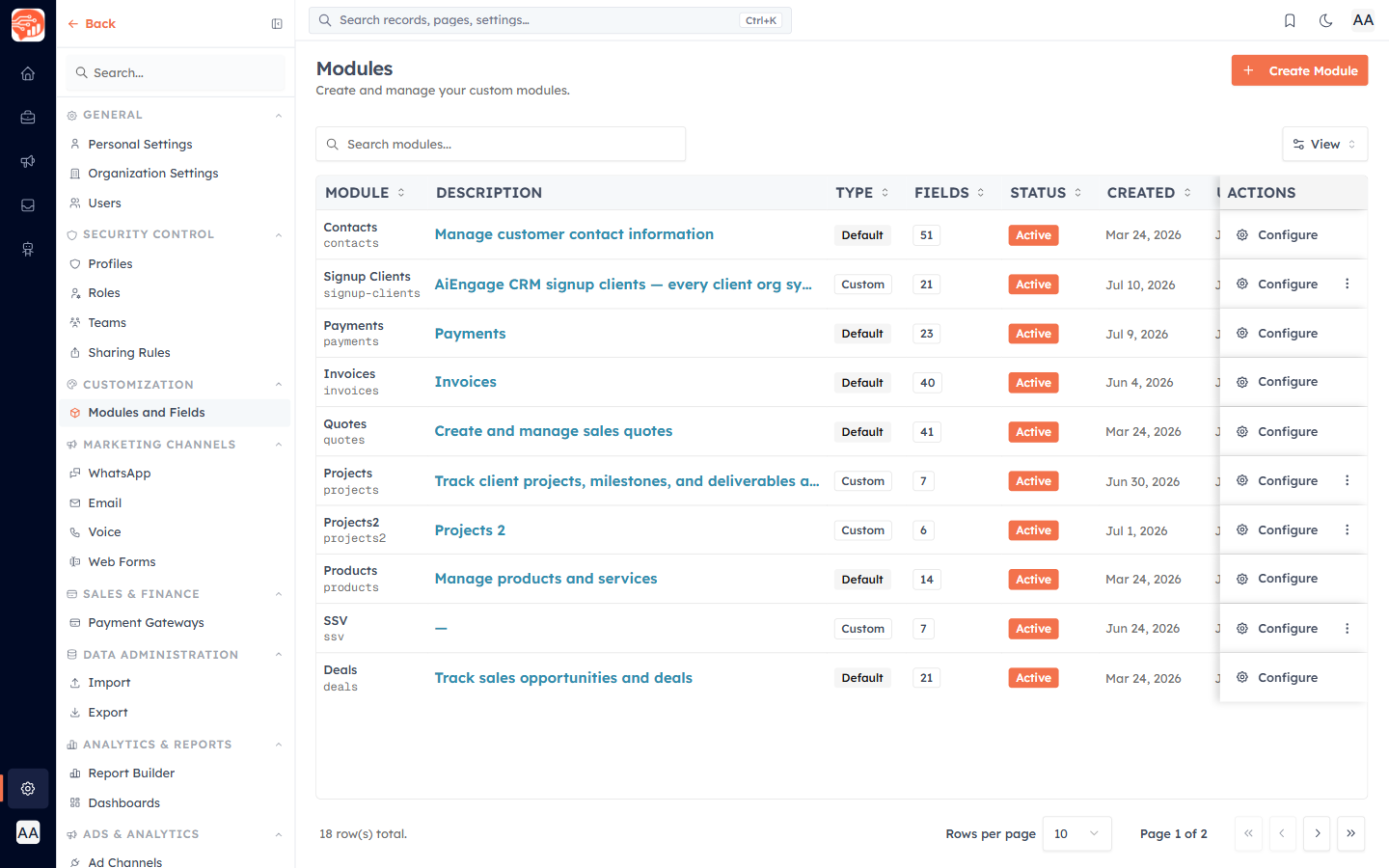 Modules and Fields — click Configure on the Companies module