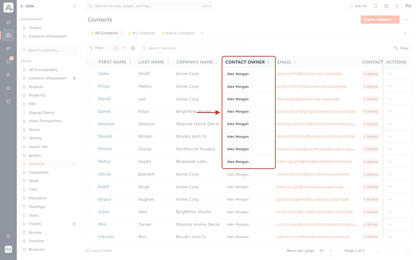The Contact Owner column in the Contacts list