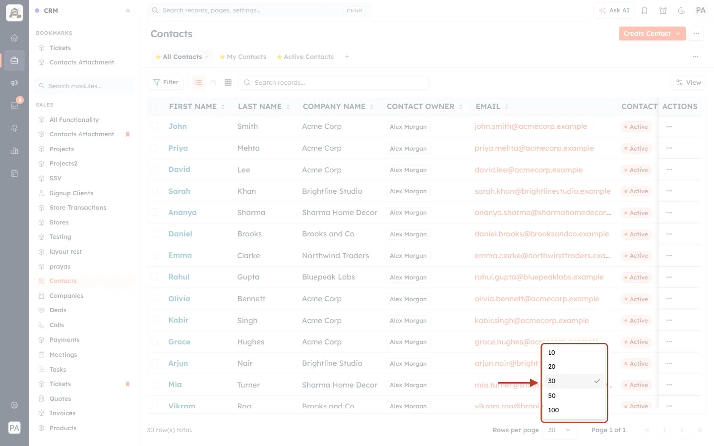 The Rows per page options
