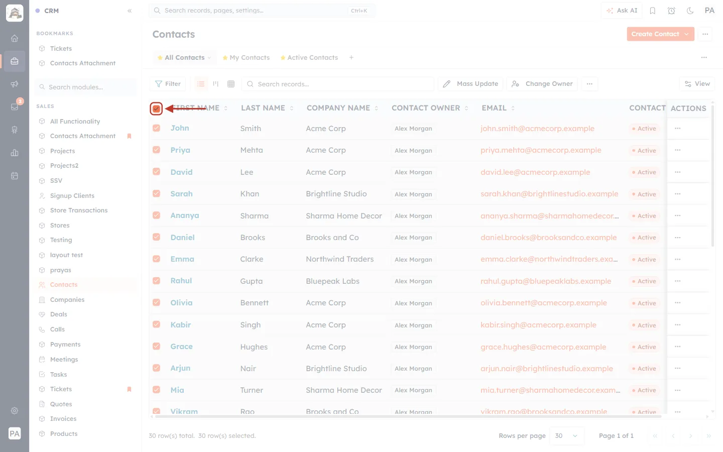 The select-all tick box in the list header