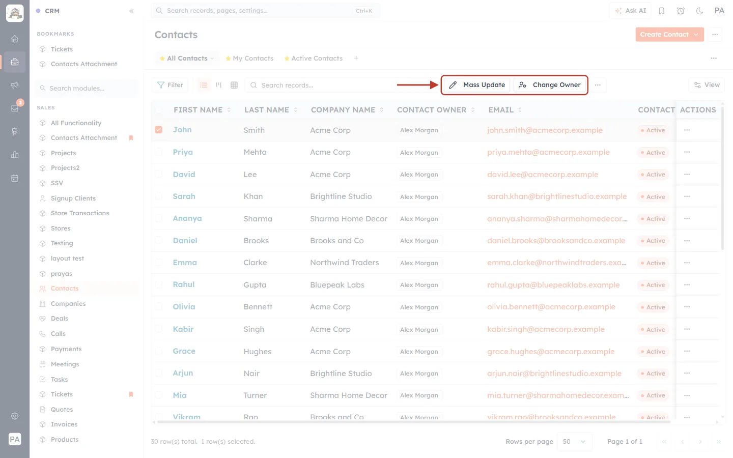 Mass Update and Change Owner buttons in the toolbar