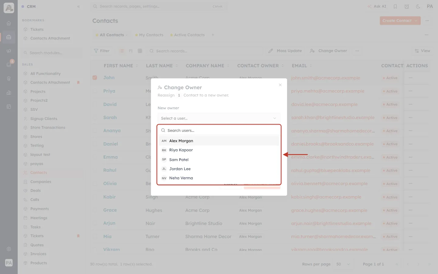 The list of users to choose as new owner