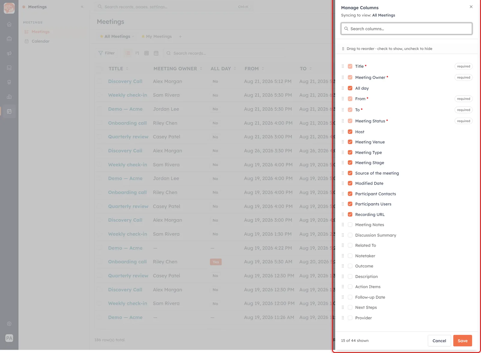 The Manage Columns panel, showing which fields are visible