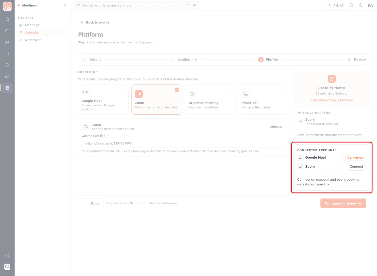 The CONNECTED ACCOUNTS panel, listing Google Meet as Connected and Zoom with a Connect button