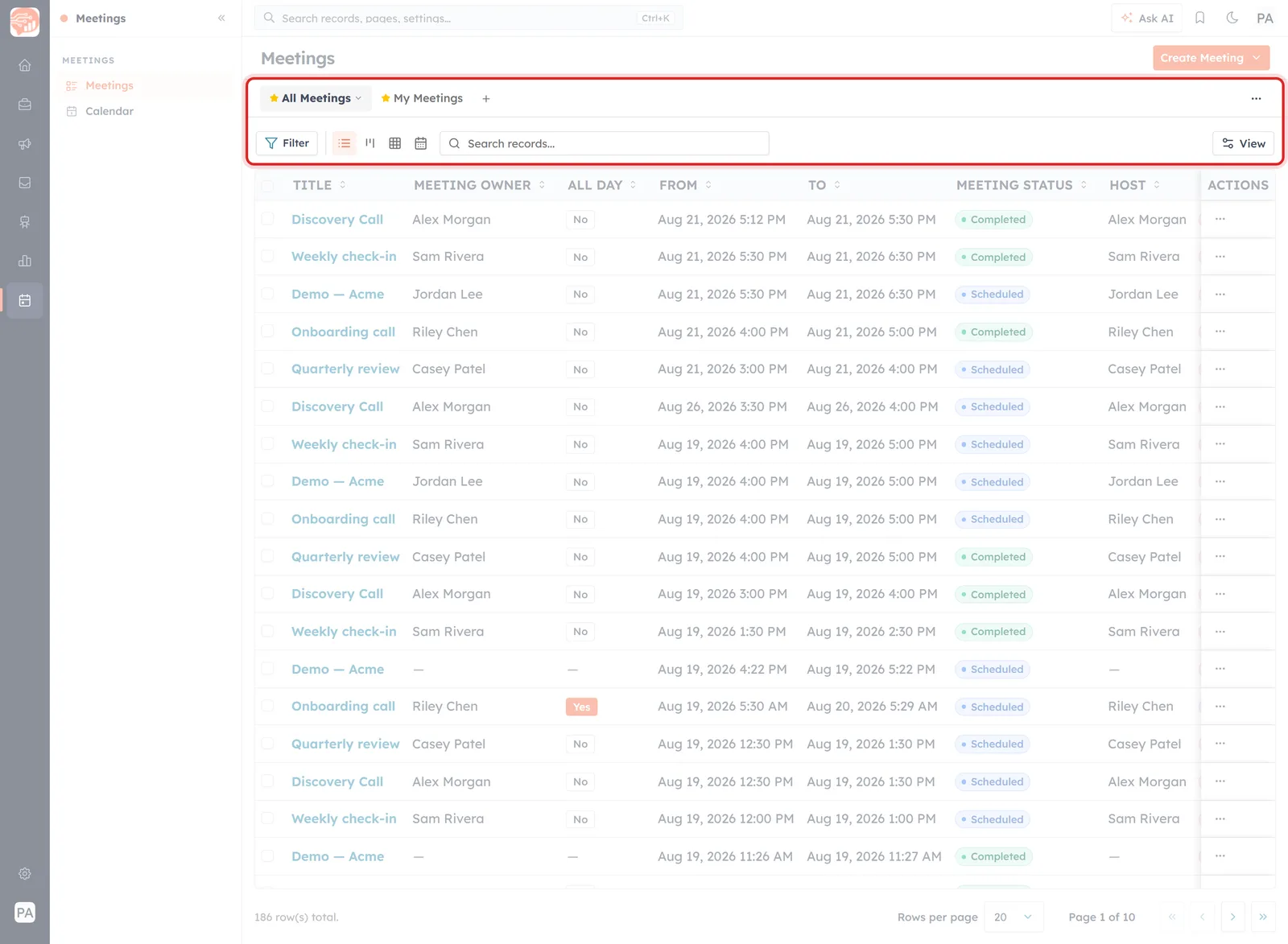 The Meetings list with the view tabs and toolbar highlighted