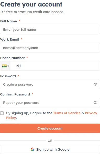 The Create your account form — Full Name, Work Email, Phone Number, Password and Confirm Password