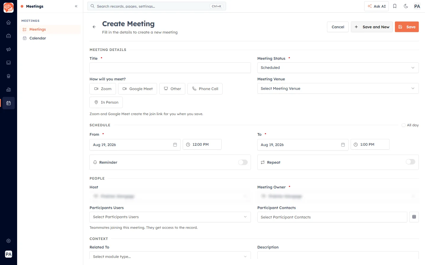The Create Meeting page — Meeting Details and the start of the Schedule section