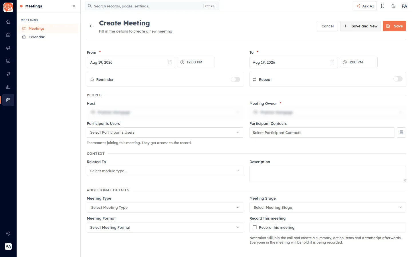The lower half of the Create Meeting page — People, Context and Additional Details