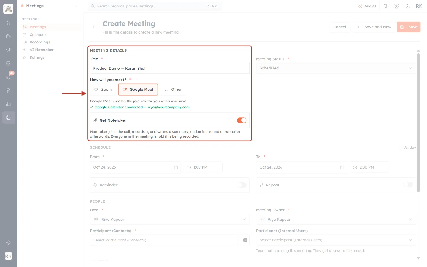 Get Notetaker switch on the Create Meeting form
