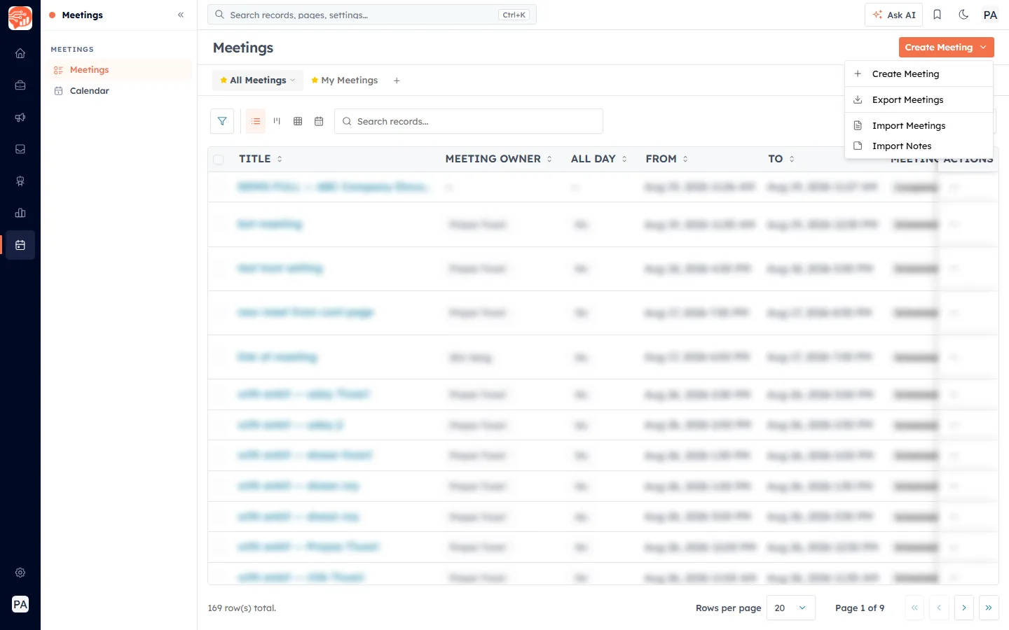 The Create Meeting split-button menu, showing Create Meeting, Export Meetings, Import Meetings and Import Notes