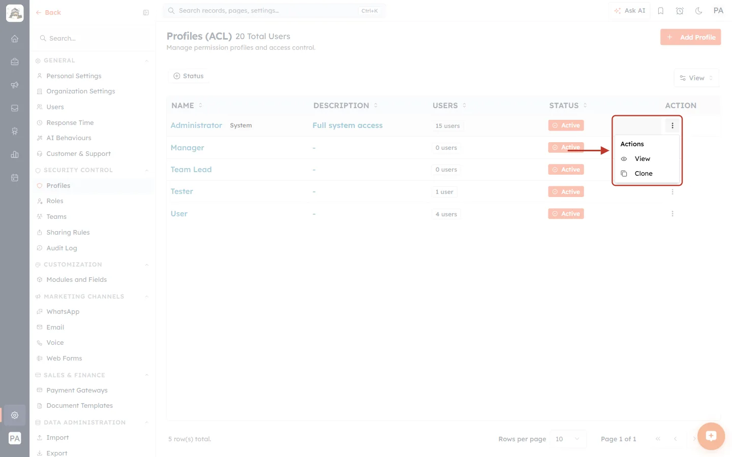 The Administrator profile’s action menu