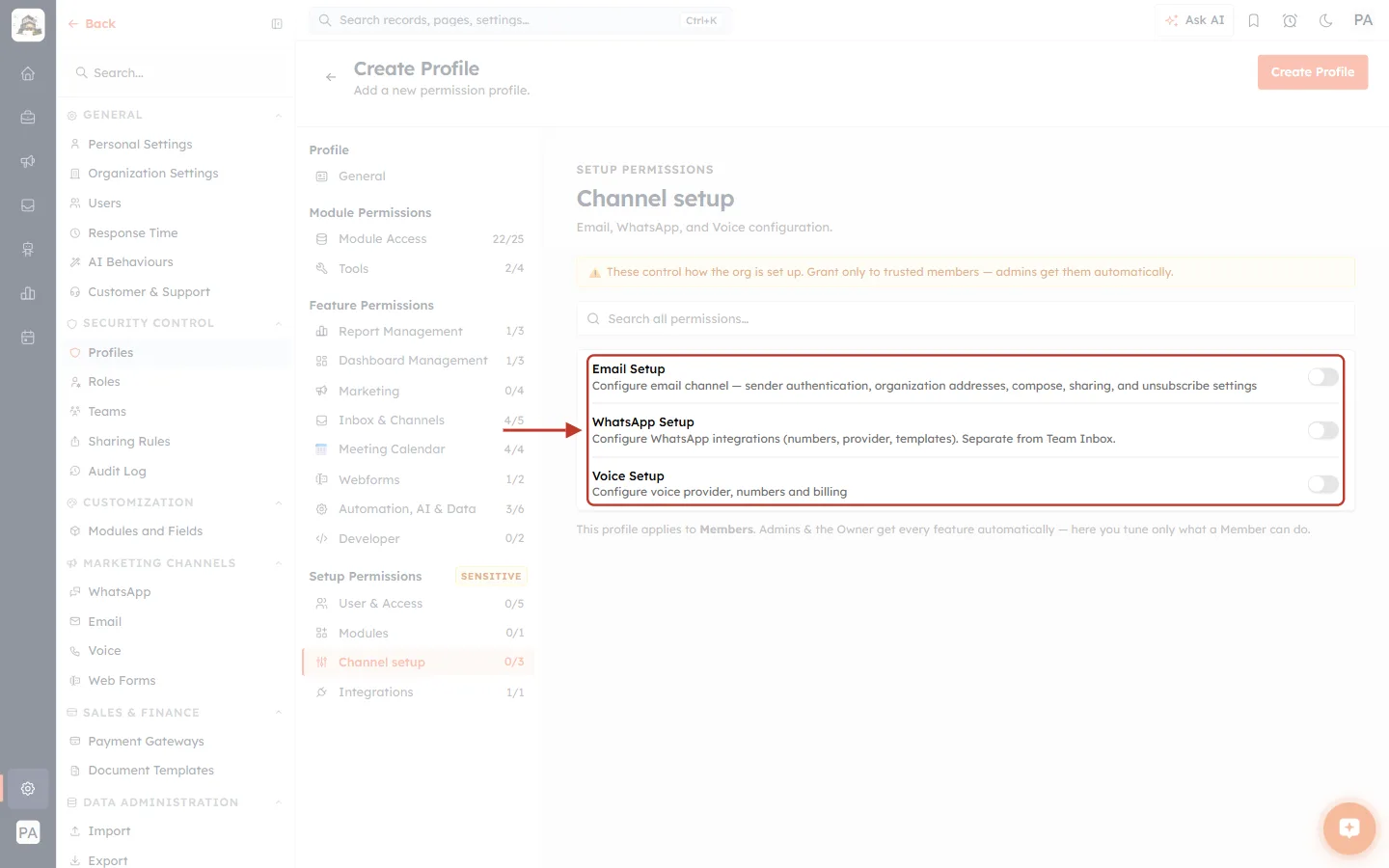 Channel setup permissions all switched off