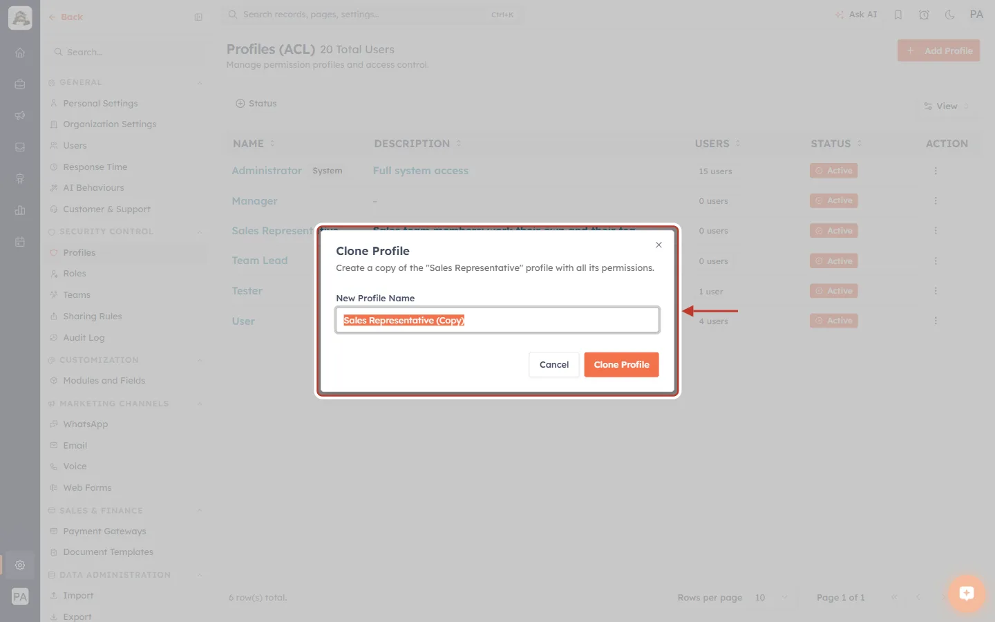 The Clone Profile dialog