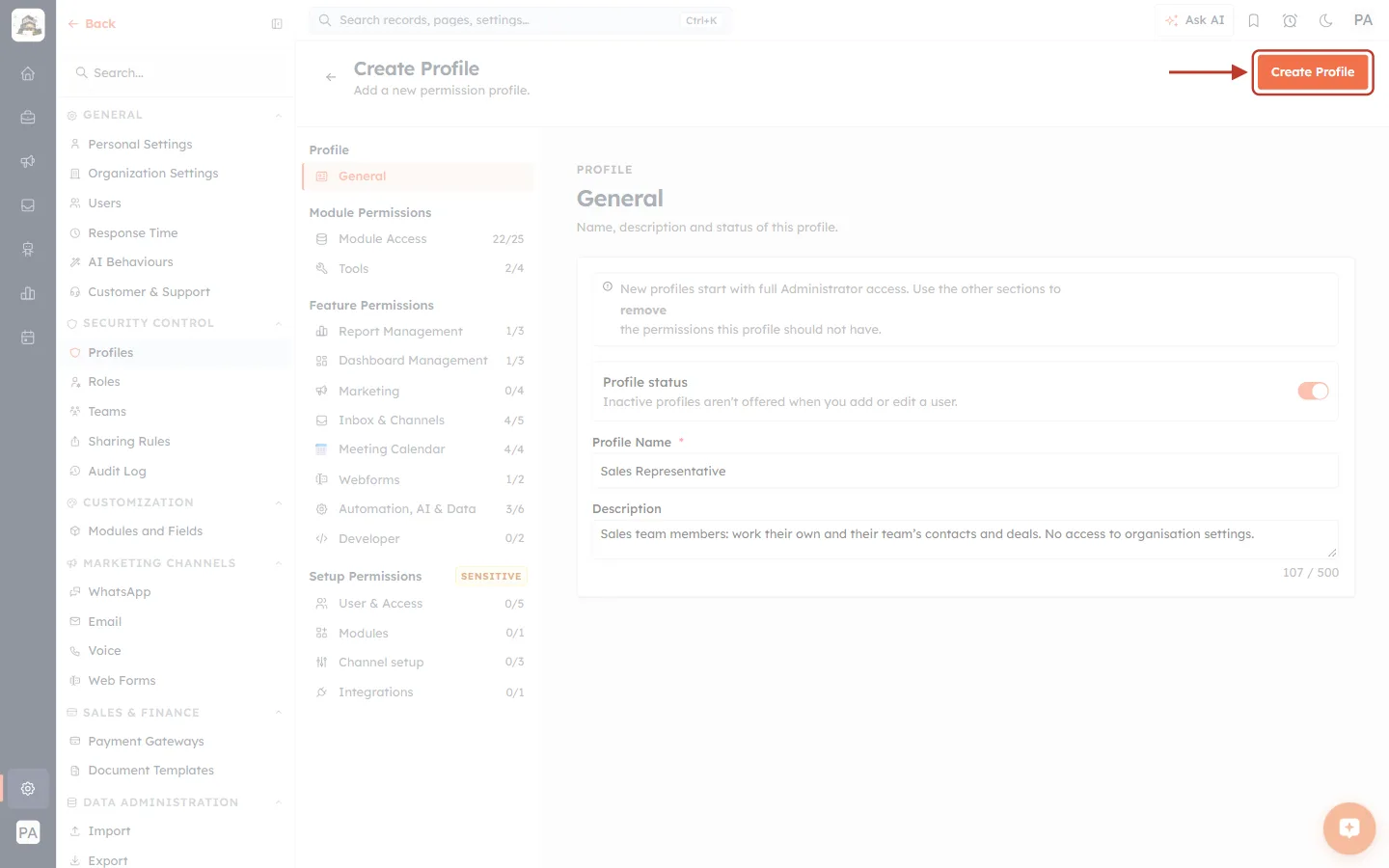 The Create Profile button