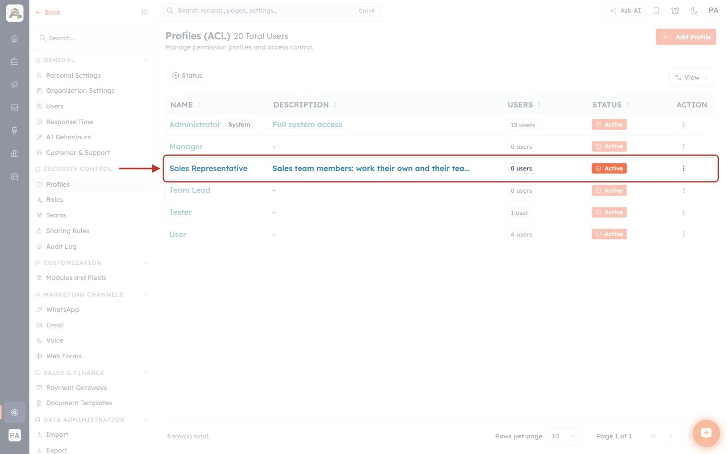 The new profile on the Profiles list