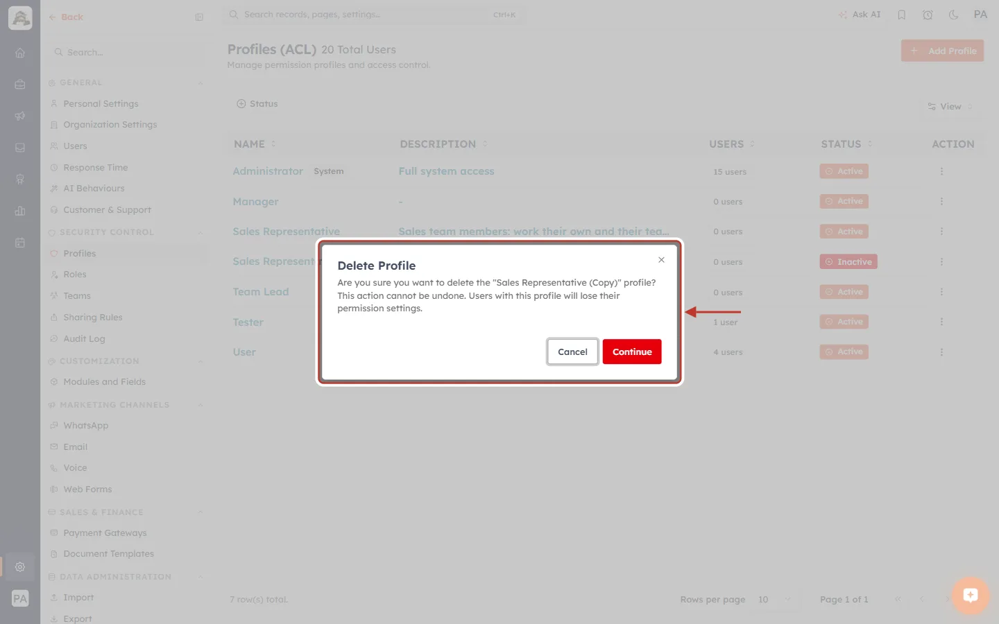 The Delete Profile dialog