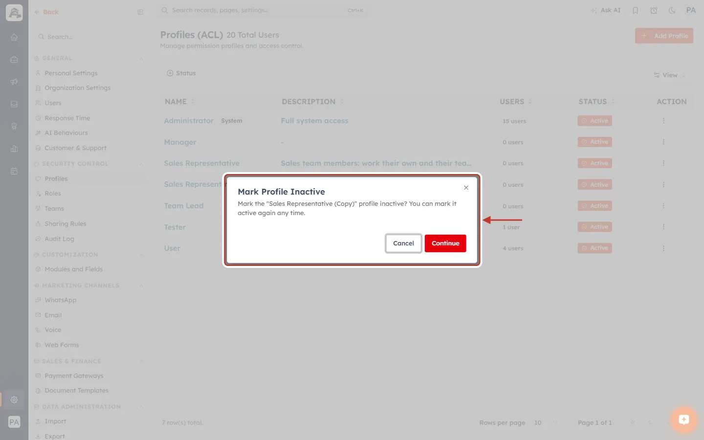 The Mark Profile Inactive dialog