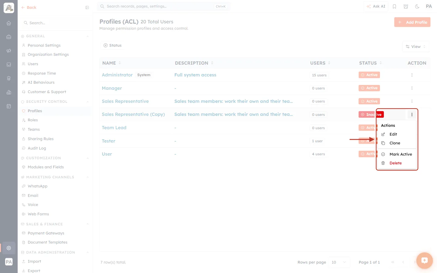 The action menu of an inactive profile