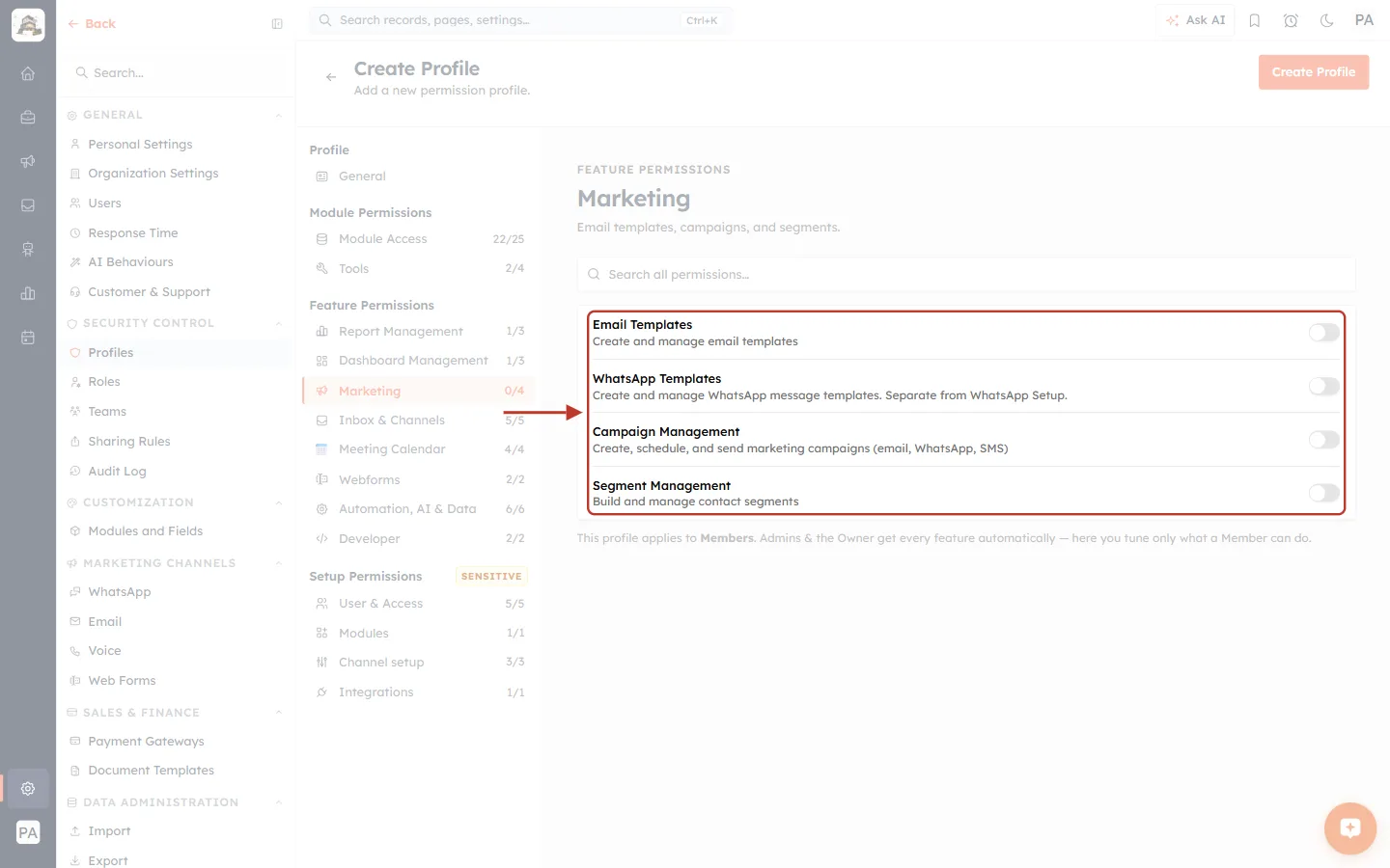 All Marketing permissions switched off