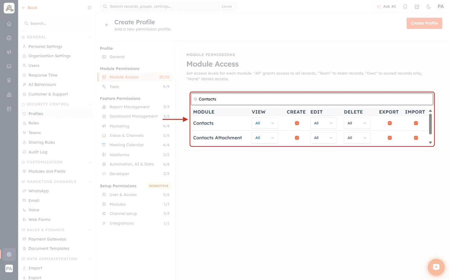 Searching the module table for Contacts
