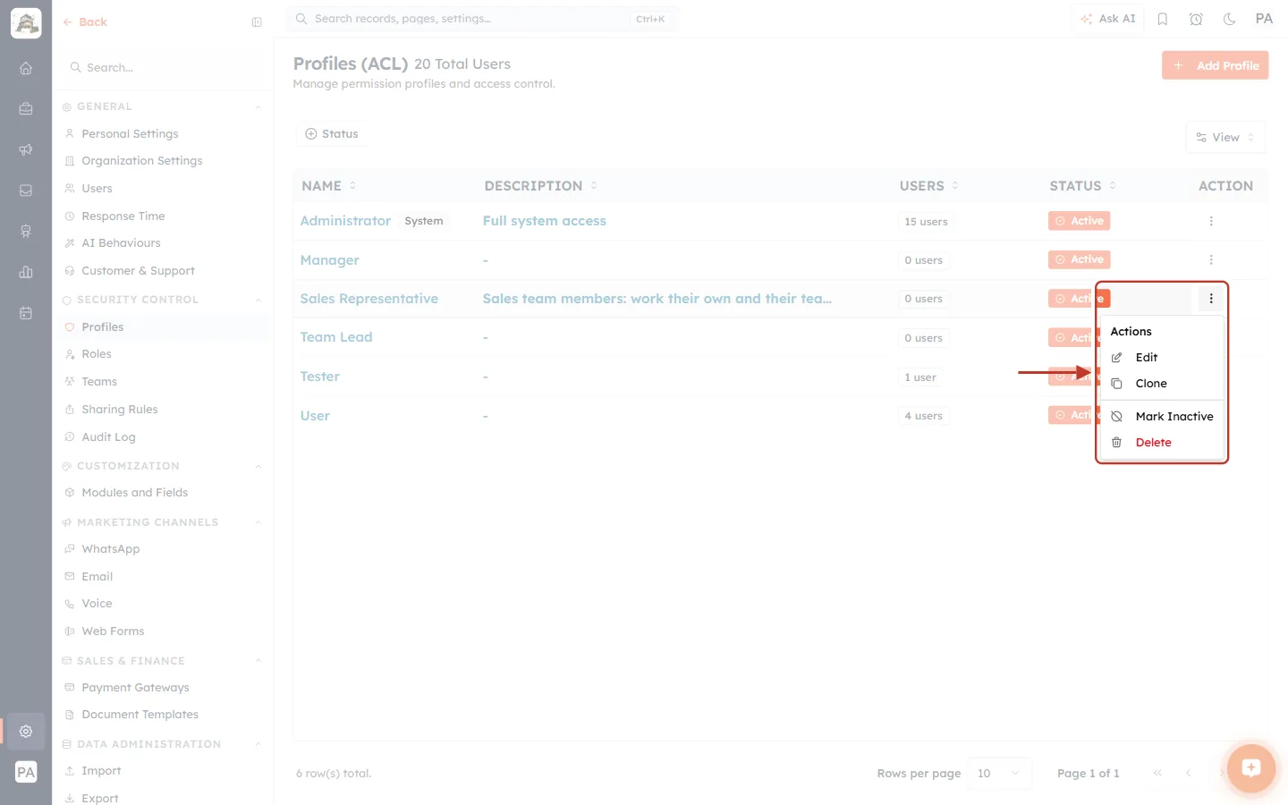 The action menu of a custom profile