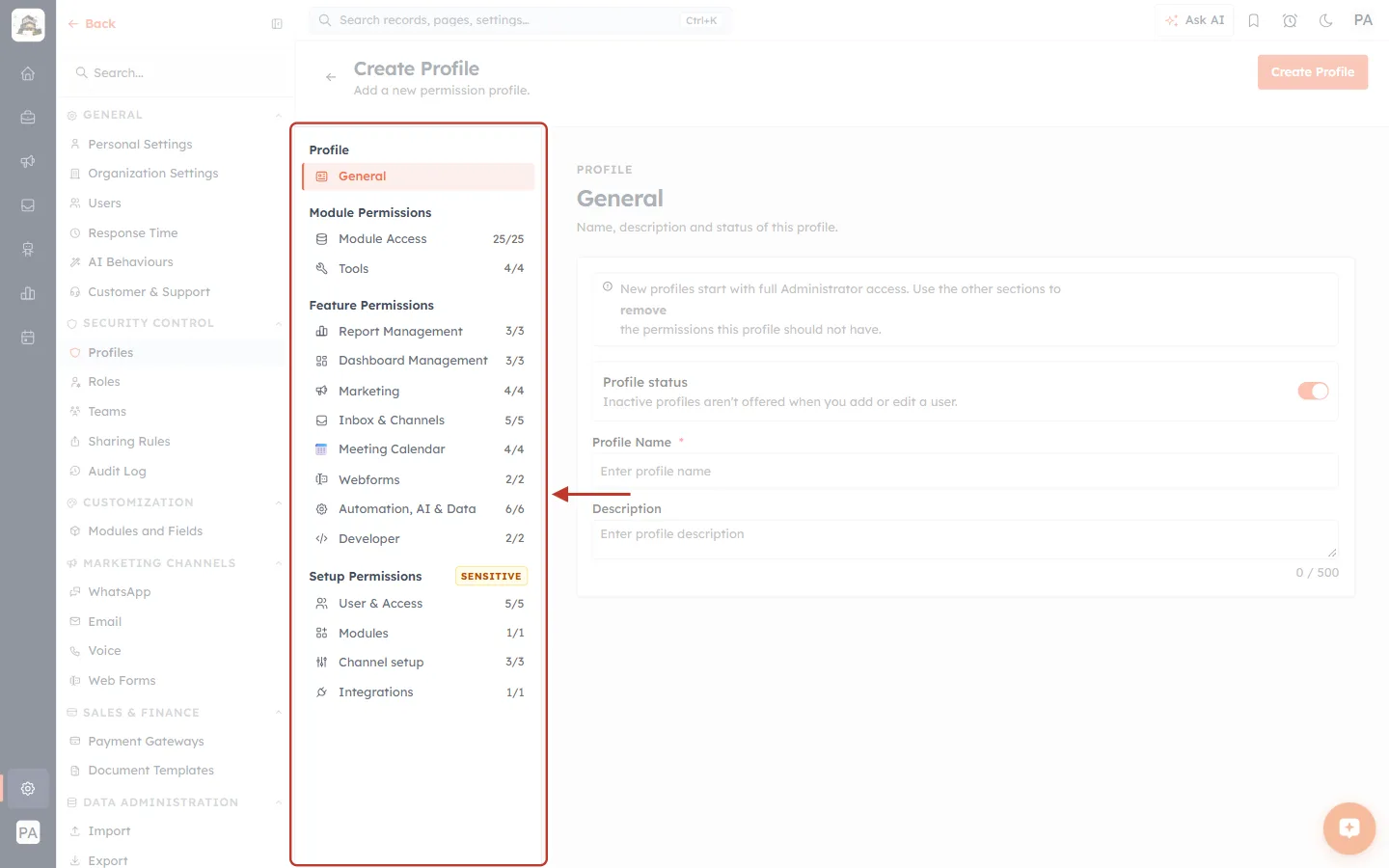 The section list on the Create Profile page