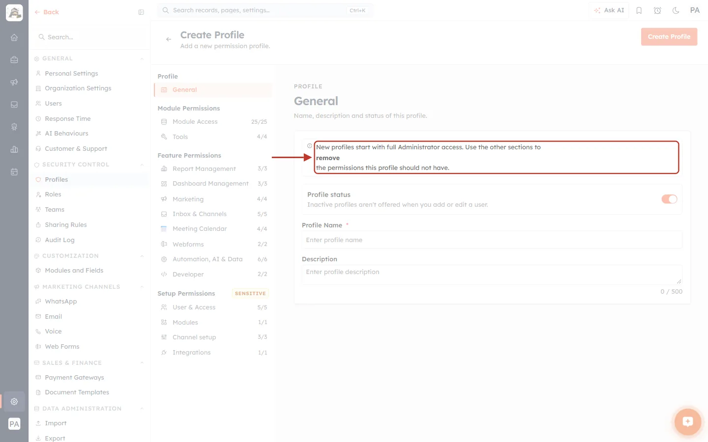The full-access note on a new profile
