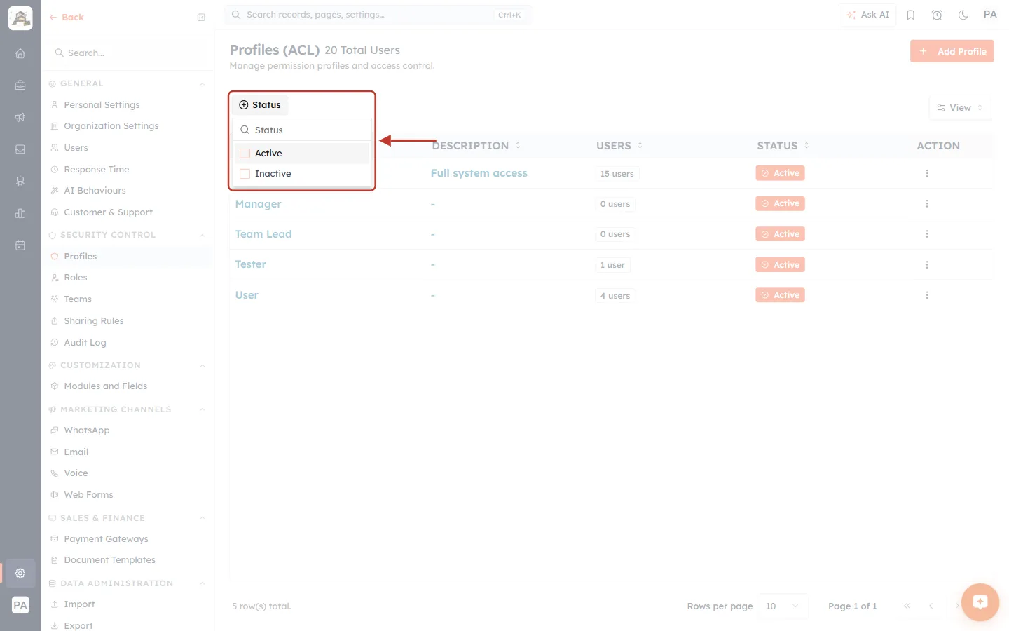 The Status filter