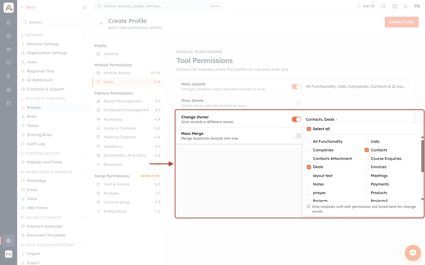 Limiting Change Owner to Contacts and Deals