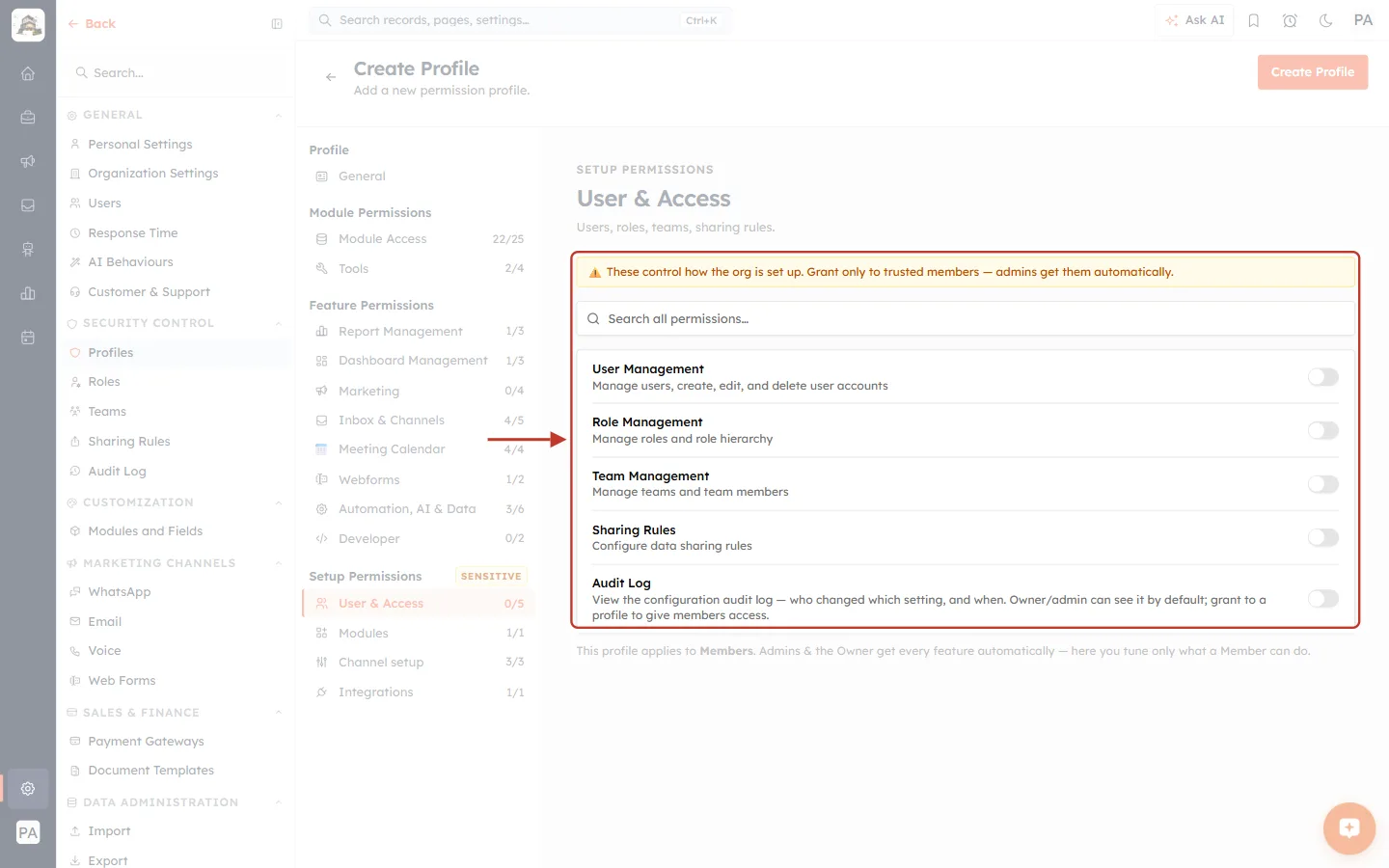 User & Access permissions all switched off