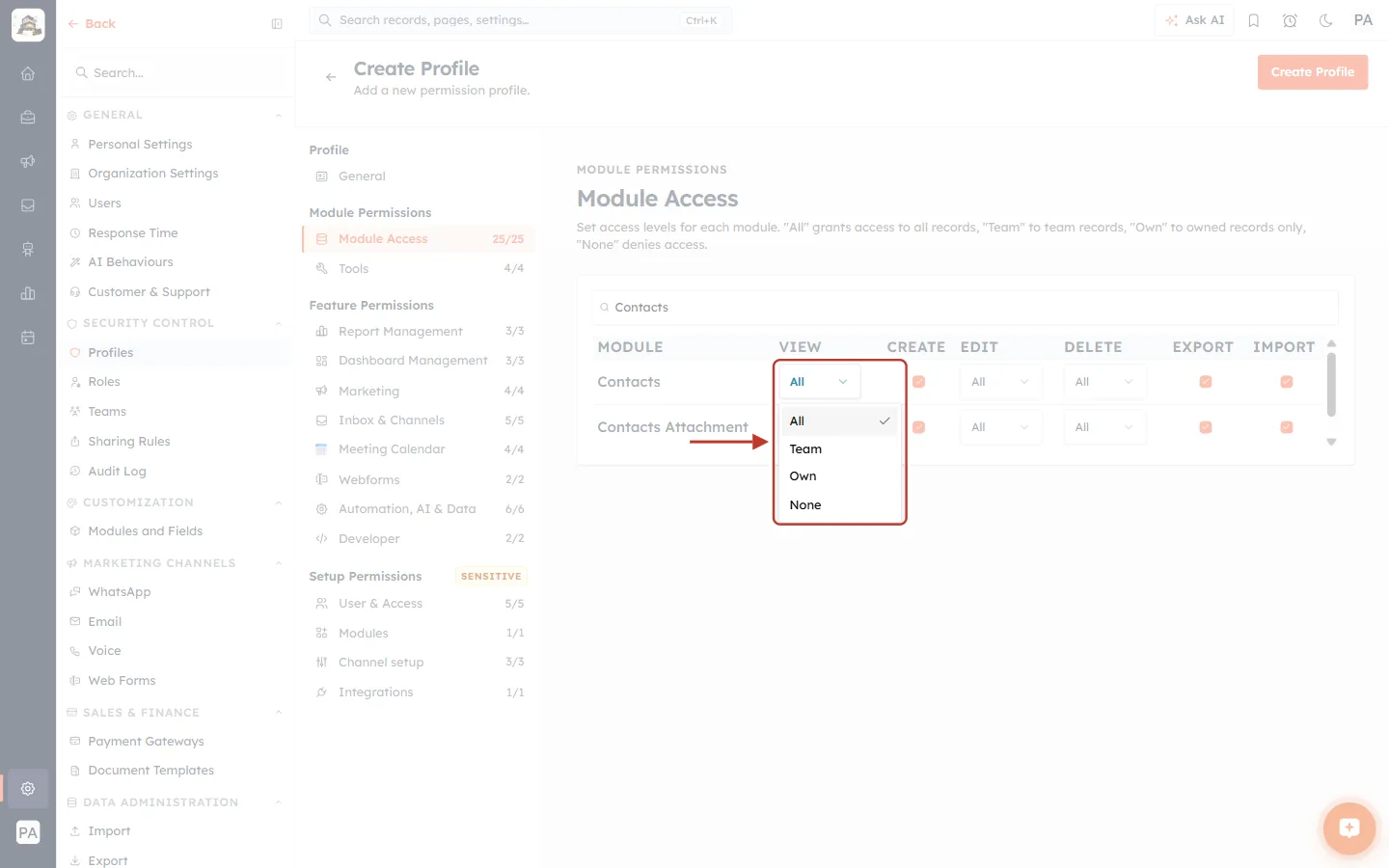 The View drop-down on Contacts