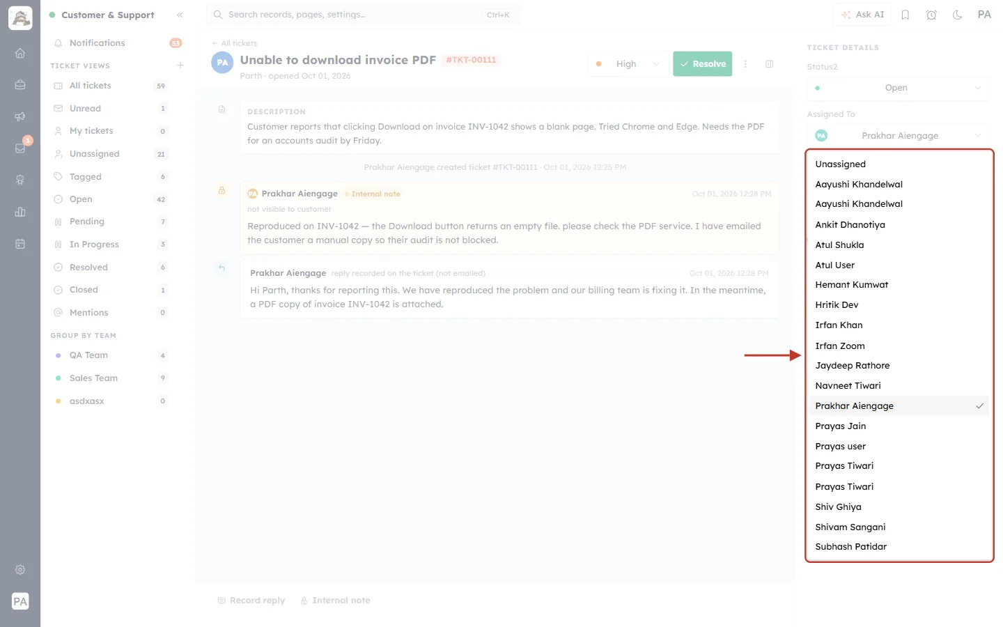 Assigned To drop-down in the details panel