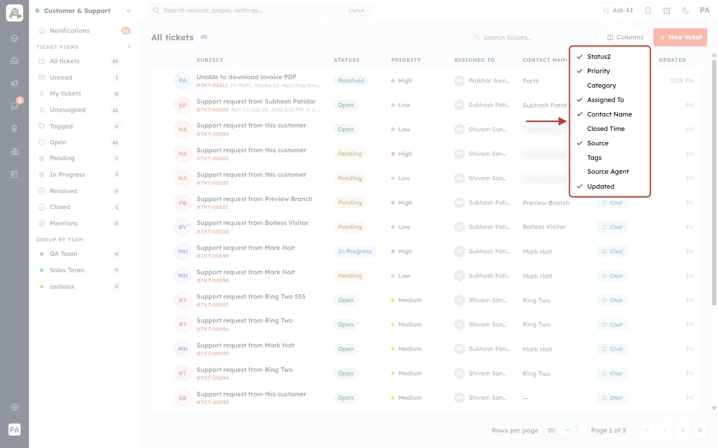 Columns menu with the available ticket columns
