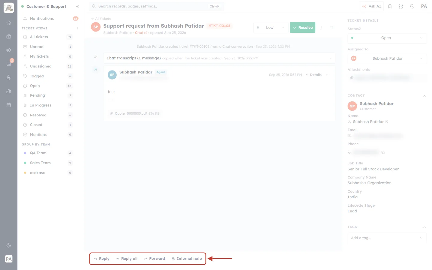 Reply, Reply all, Forward and Internal note buttons on an email ticket