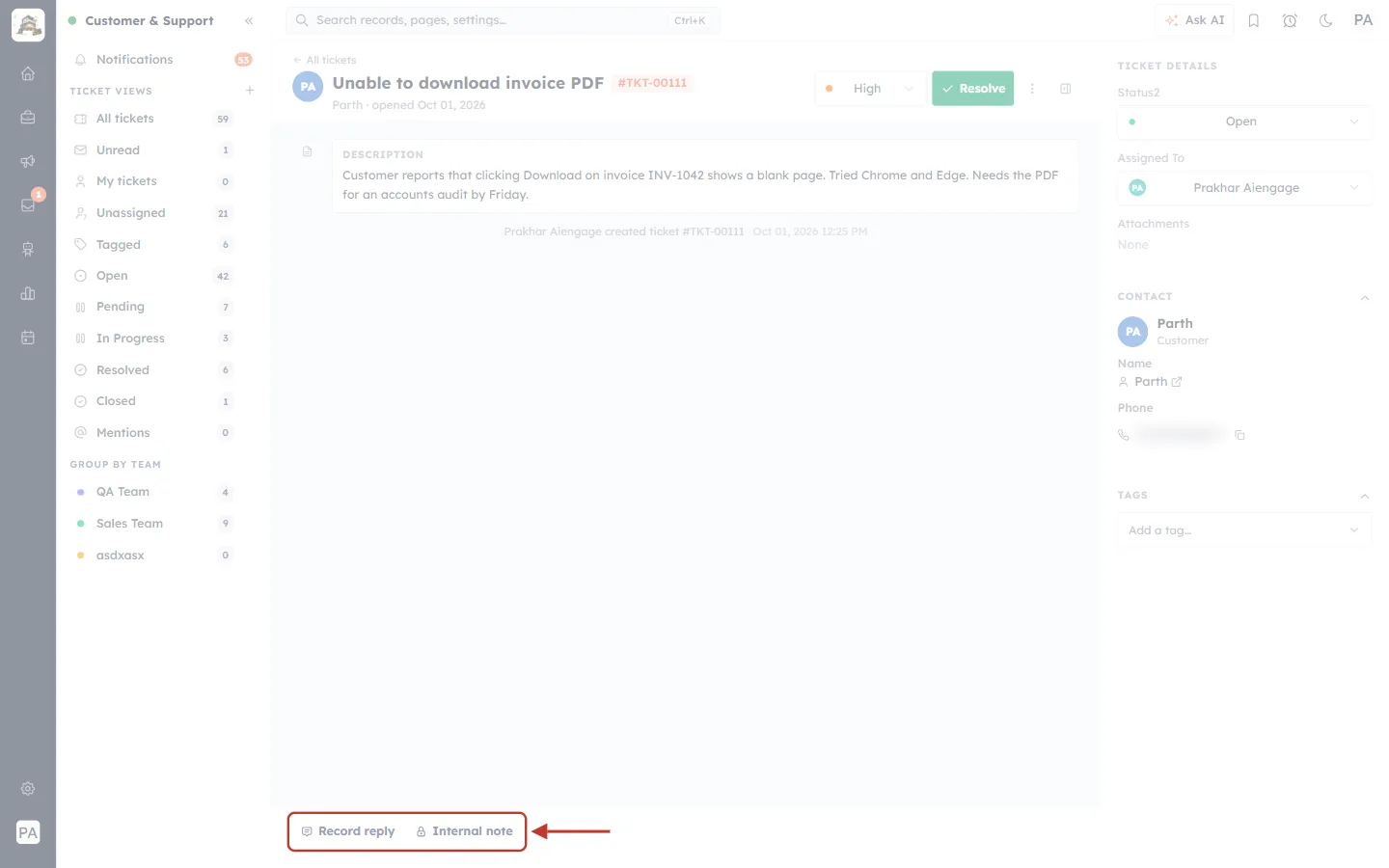 Record reply and Internal note
