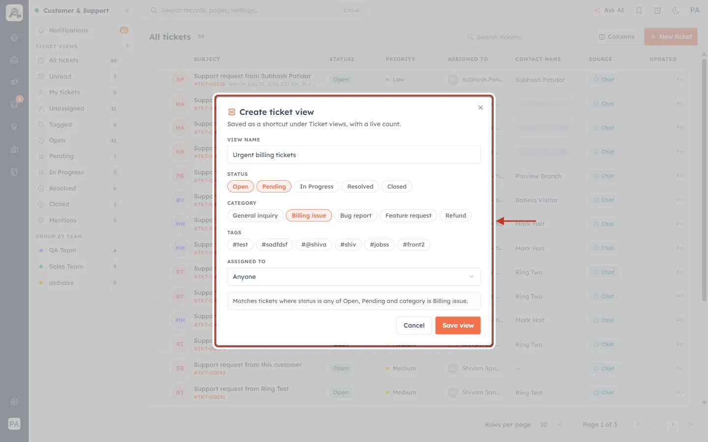 Create ticket view dialog with name, status, category, tags and assignee filters