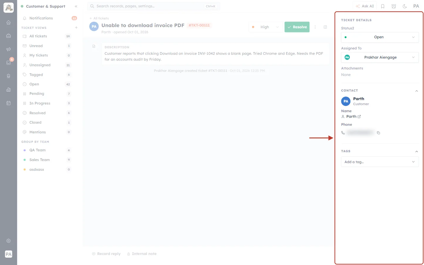 Ticket details panel with Status, Assigned To and Attachments