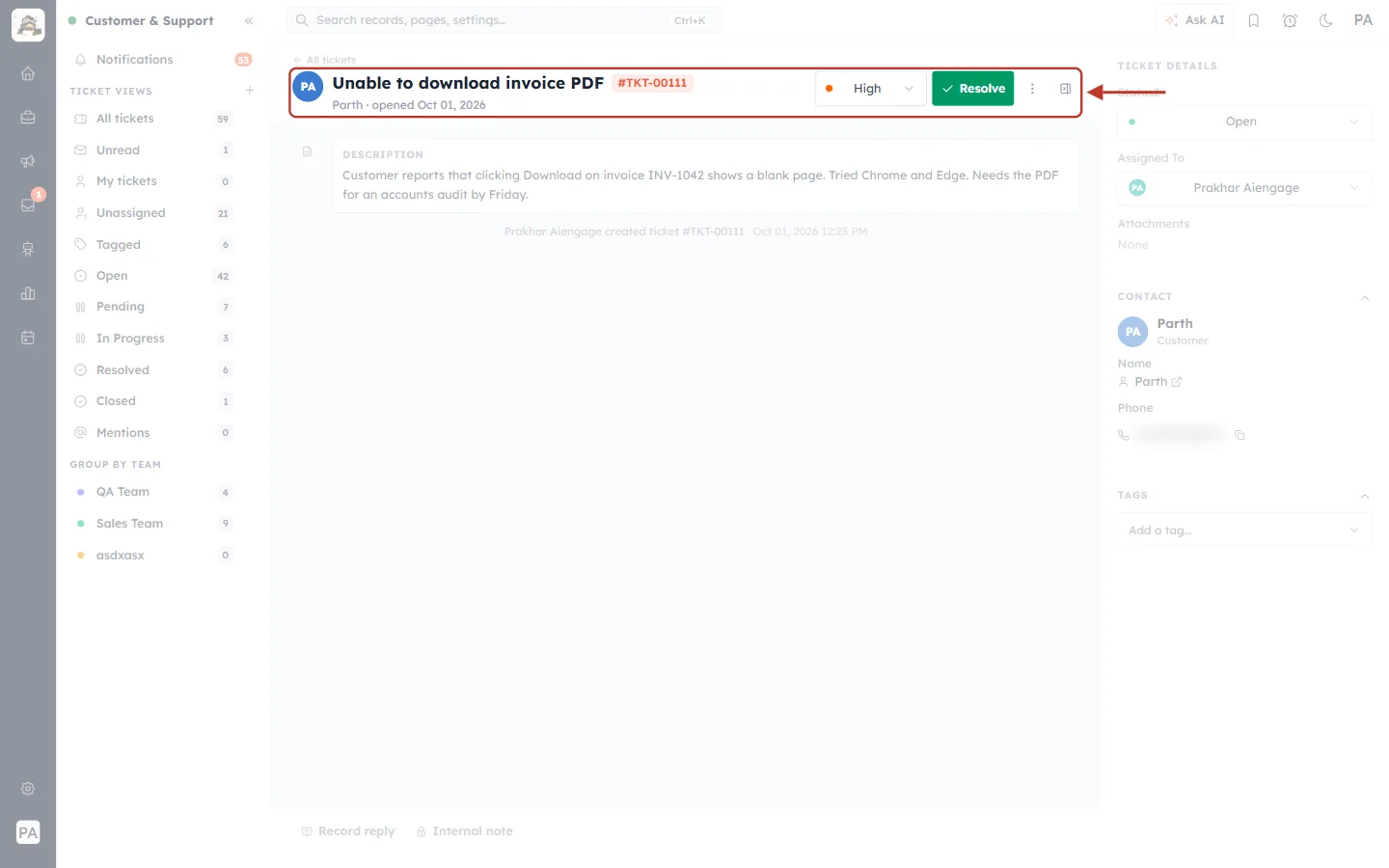 Ticket header with subject, number, priority and Resolve