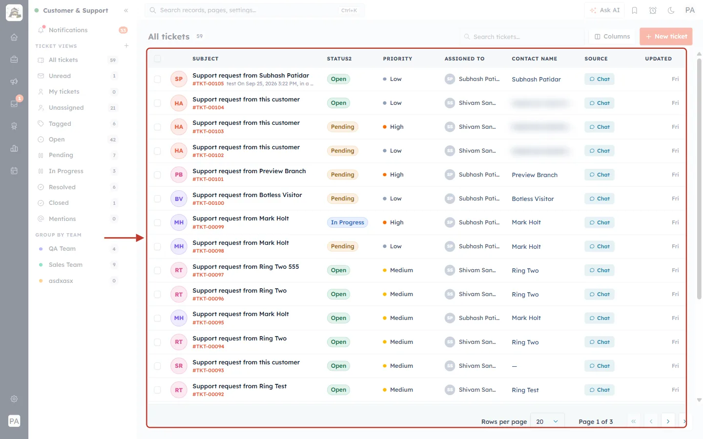 Customer & Support ticket list table