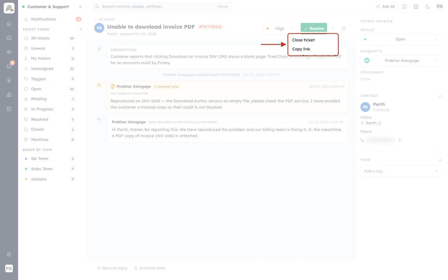 More menu with Close ticket and Copy link