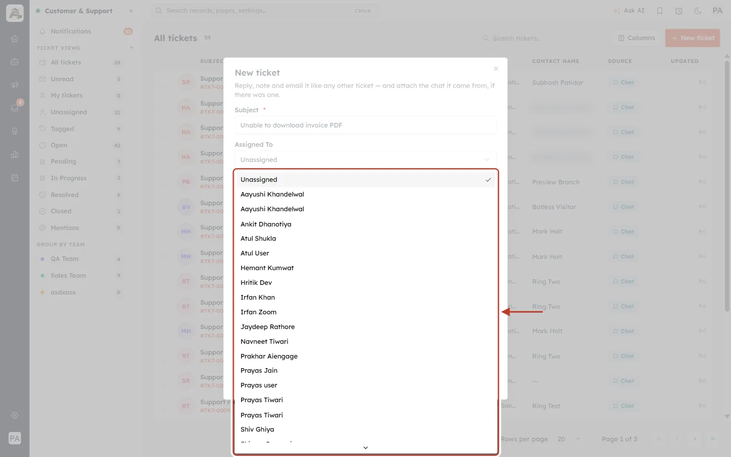 Assigned To list in the New ticket form
