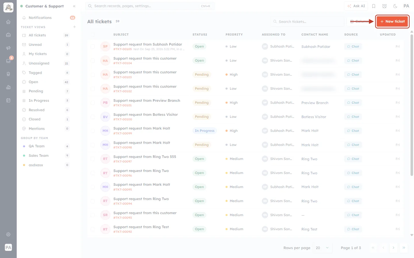 New ticket button in the Customer & Support toolbar