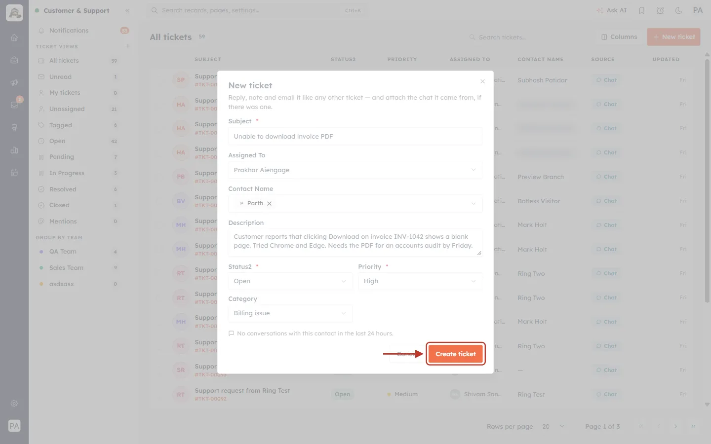 Create ticket button
