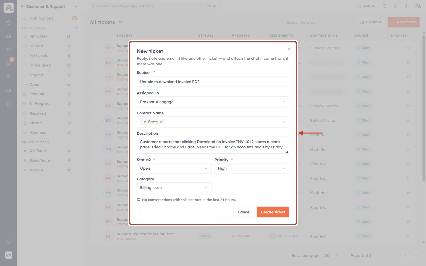 Completed New ticket form