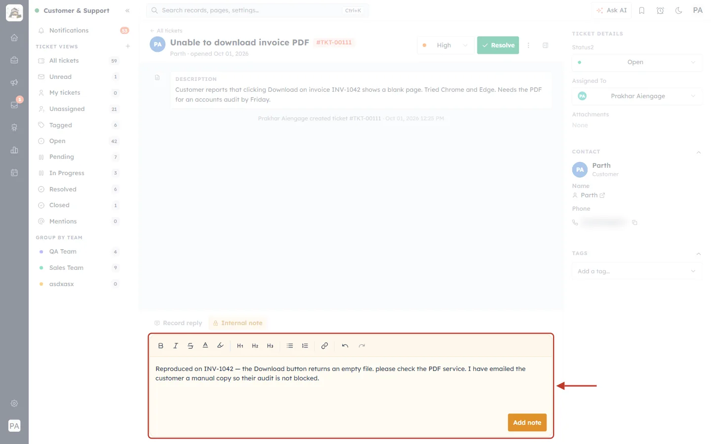 Internal note editor with a note typed in
