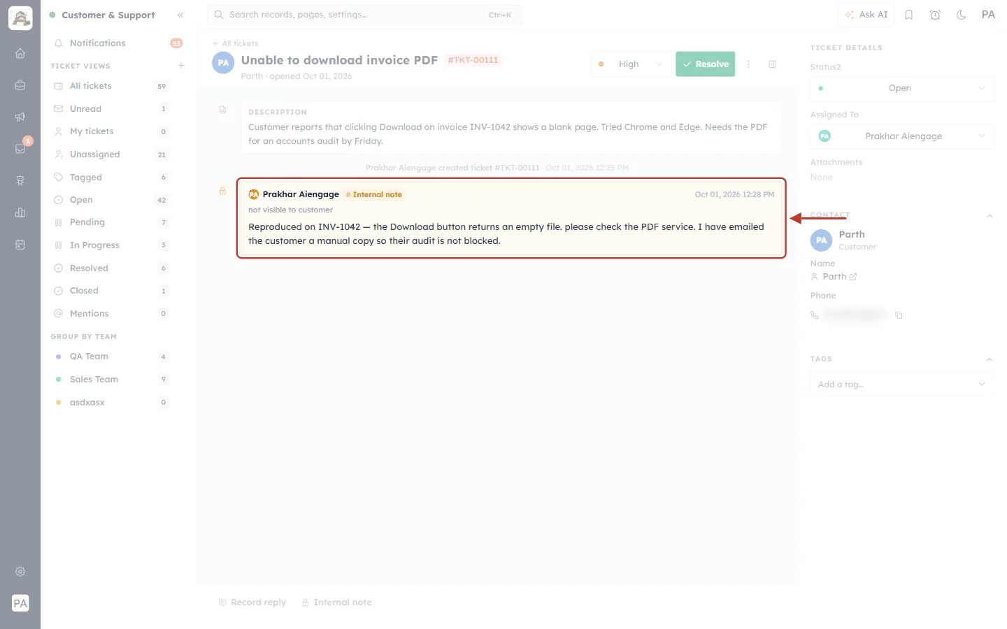 Internal note shown in the ticket conversation