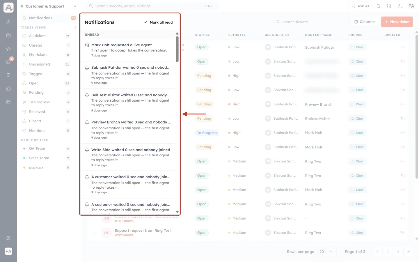 Notifications panel listing support alerts