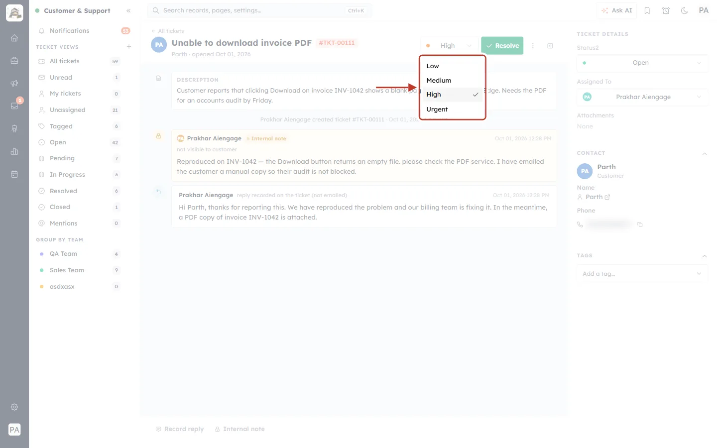 Priority drop-down in the ticket header